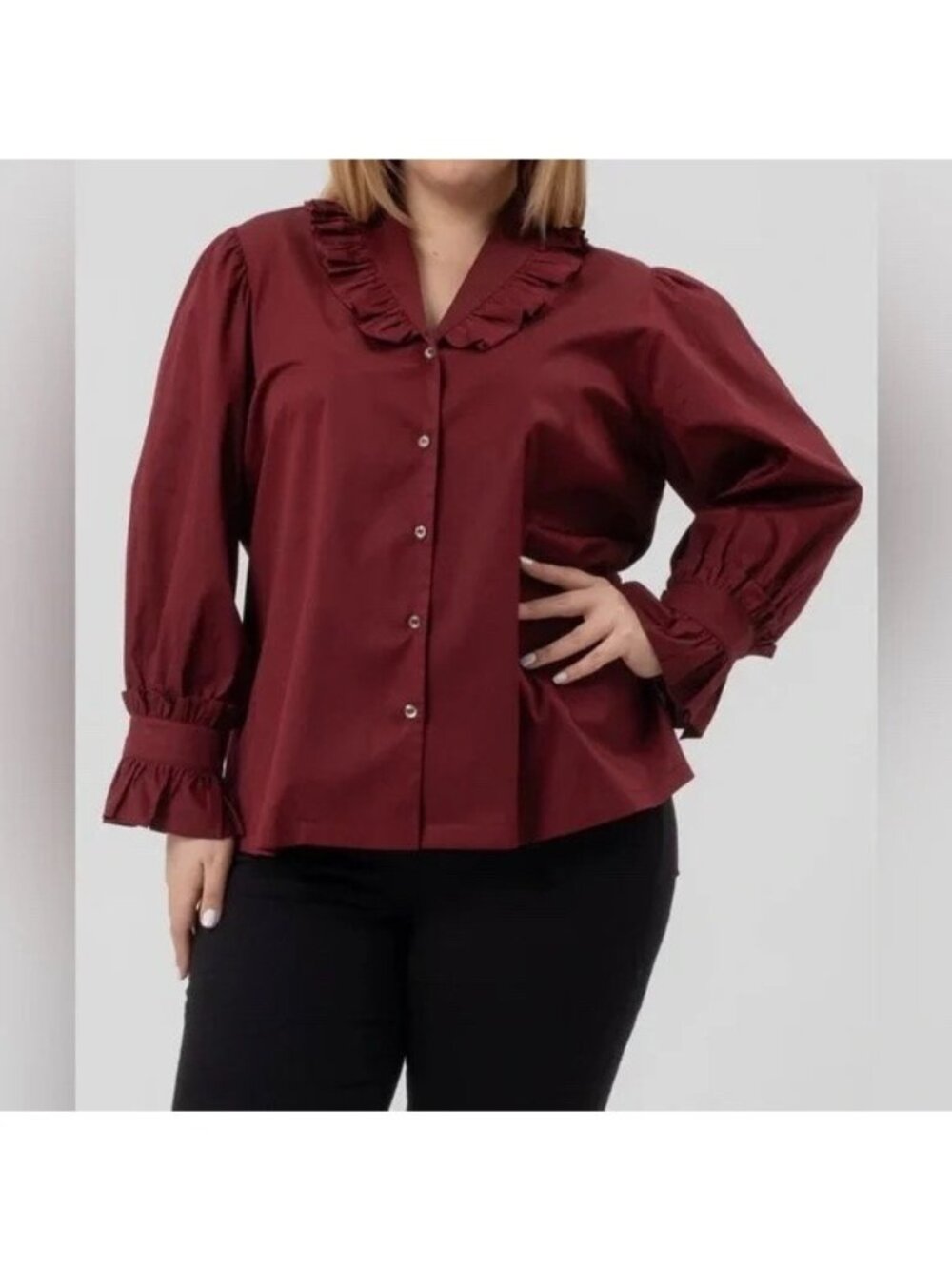 NWT Harshman Fuella Burgundy Ruffle Cotton Button Up Blouse Plus Size $198